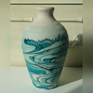 VTG Nemadji Pottery vase TURQUOISE Canoe mark studio art vase